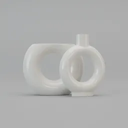 "Minimalistic white ceramic decorative vases for interior visualization, created in Blender 3D. Two vases sit side by side on a table, rendered in high quality. Perfect for 3D modeling projects and interior design."