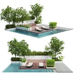 Realistic 3D model of a landscaped villa yard with pool and seating, rendered in Blender Cycles, available in .blend format.