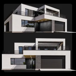 3D architectural model of a contemporary two-story house with large windows and terrace, optimized for Blender.