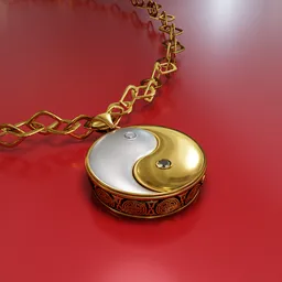 Detailed 3D model highlighting a Yin Yang pendant with a gold and silver finish, crafted in Blender.