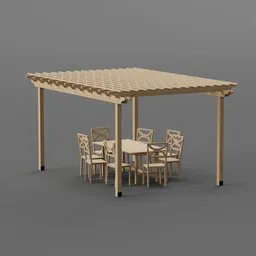 "Blender 3D model: Pergola varianta 8, featuring intricate wood details and an outdoor setting with table and chairs under a pergola roof. Perfect for garden or decoration. Available for download on BlenderKit in the 'exterior-other' category."