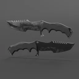 "Get realistic military and hunting knife 3D model for Blender 3D with detailed black handle and blade, perfect for combat and stealth games. This equipment is stylized with triadic chrome shading and rendered in Unreal Engine 5. Use it to create engaging animations or graphics."