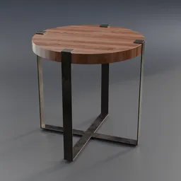 "Wood and metal round end table with symmetrical design and flat metal hinges, rendered in Redshift for Blender 3D. Perfect for modern decor in waiting rooms, bedrooms, living rooms, dining rooms, hallways, and offices."