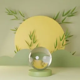 Minimalist 3D stage with glass sphere & stylized bamboo leaves for product display, modeled in Blender.