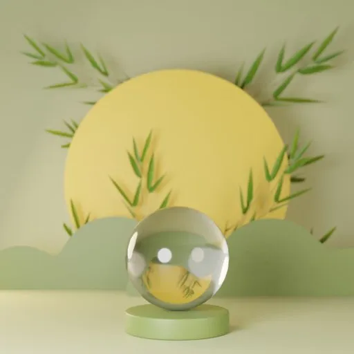 Minimalist 3D stage with glass sphere & stylized bamboo leaves for product display, modeled in Blender.
