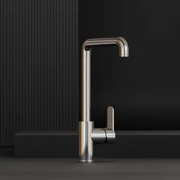 Detailed 3D Blender model of modern chrome kitchen faucet with sleek design on a dark backdrop.