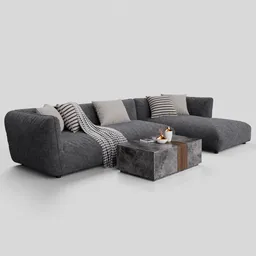 Detailed 3D corner sofa model with textured fabric design and accompanying modern coffee table, ideal for Blender rendering.