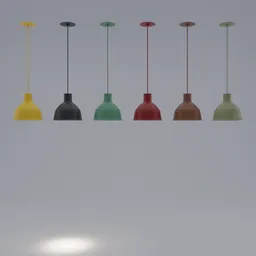 High-quality 3D rendered multicolored pendant lamps, ideal for Blender 3D projects, showcasing realistic lighting and shadows.