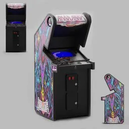 Detailed Blender 3D arcade cabinet model featuring vibrant textures, joystick, buttons, and screen, suitable for gaming scenes.