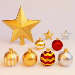 "Colorful Christmas decorations with red ball ornaments, gold stars and white stars in background - a physically based rendering model for Blender 3D software. Perfect for holiday season designs and scenarios."