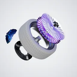 3D model of a dissected futuristic wheel with parts levitating, designed in Blender for animation use.