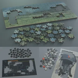 "Customizable 180 Piece Jigsaw Puzzle 3D model for Blender 3D. Includes default landscape image and fully assembled version for added control and customization. Inspired by Rezső Bálint and featuring thick set features, broken pieces, and volumetric lighting matte."