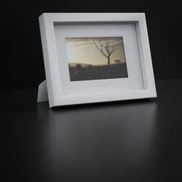 Realistic 3D model of white picture frame with matte on dark surface, compatible with Blender.