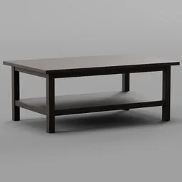 "Stylish and functional 3D coffee table model with a shelf, ideal for any living space. Rendered in Octane with black and brown colors, reminiscent of an IKEA catalog photo. Created in Blender 3D software."