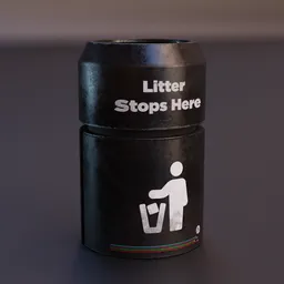 Detailed Blender 3D model of a large black garbage bin with "Litter Stops Here" text and symbol.