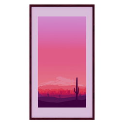 "Sunset car in a desert landscape with a cactus, featuring a flat synthwave art style. The scene showcases a centered wide-framed window, gradient dark purple hues, and a hanging scroll. This 3D model, created in Blender 3D, embodies the serenity of a desert photo with a touch of cowboy dreams and a warm pink living room ambiance."