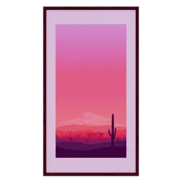 "Sunset car in a desert landscape with a cactus, featuring a flat synthwave art style. The scene showcases a centered wide-framed window, gradient dark purple hues, and a hanging scroll. This 3D model, created in Blender 3D, embodies the serenity of a desert photo with a touch of cowboy dreams and a warm pink living room ambiance."