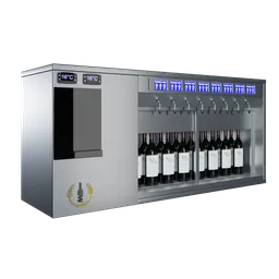 Alt text: "3D model of a Wine Dispenser for restaurant and bar scenes in Blender 3D. Features glass and metal design with six bottles of wine, and a user interface inspired by complex machinery like the Peugeot Onyx and F40. Official product image with 2.35:1 ratio."