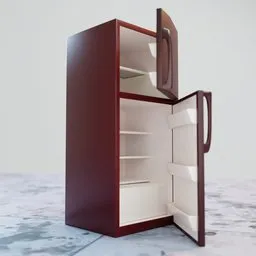 "Low poly kitchen appliance: Refrigerator with open door, rendered with raytracing and Unreal Engine 5 style. Red, brown and white color scheme, placed on marble surface. Inspired by Serhii Vasylkivsky's art and detailed in Blender 3D."