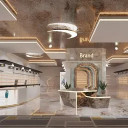 Detailed 3D model of a virtual luxury store interior suitable for VR and product showcases.