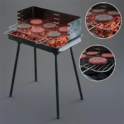 Detailed BBQ grill 3D model with adjustable coals and swap-able hamburger textures designed for Blender.