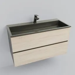 3D model of wall-mounted bathroom sink cabinet in black and oak sonoma with drawer for Blender rendering.