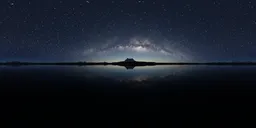 Starry sky with Milky Way over tranquil lake reflection and silhouette of mountains for HDR lighting.