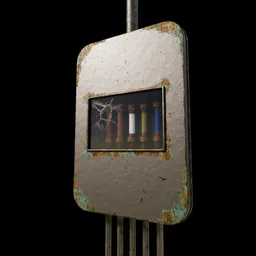 Old Used Rusty Fusebox with fuses, cables and window