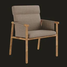 Detailed 3D render of a midcentury style oak armchair with performance fabric, ideal for Blender modeling and furniture visualization.