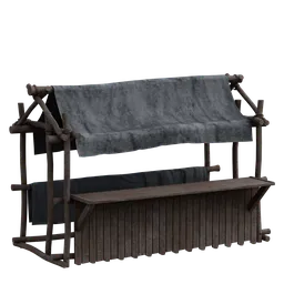 "Explore the historic Stall 3D model for Blender 3D with a wooden bench, blanket, and marketplace ambiance. This model features 1K textures and is perfect for creating a realistic longhouse, shelf, caravan, or base. Designed by Weta Studios, it offers a new level of design and precision."
