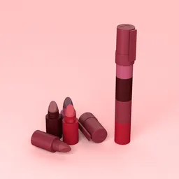 Realistic 4-in-1 lipstick 3D model with multiple shades for Blender rendering, showcasing versatility in beauty product designs.