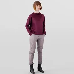 Realistic female 3D model in Blender, standing with hands in pockets, plum sweater, attentive pose, no background.