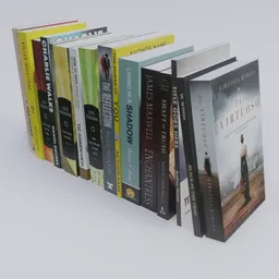 "Collection of 16 books stacked with textured covers in literature category for Blender 3D. Rendered in KeyShot with realistic lighting and 8K resolution. Includes variety of genres from first drafts to Christian literature."
