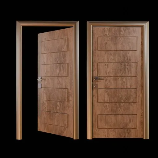 Realistic wooden 3D door model with hinged opening, optimized for Blender use.