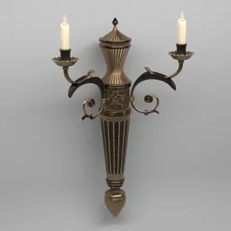 Detailed 3D model of vintage brass candle holder with lit candles, ideal for Blender rendering and design visualization.