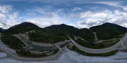 360-degree HDR panorama of a scenic Canadian valley with highway for realistic scene lighting.