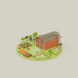 Detailed Blender 3D low poly farm model with barn, livestock, crops, windmill, and hay designed for easy integration in scenes.