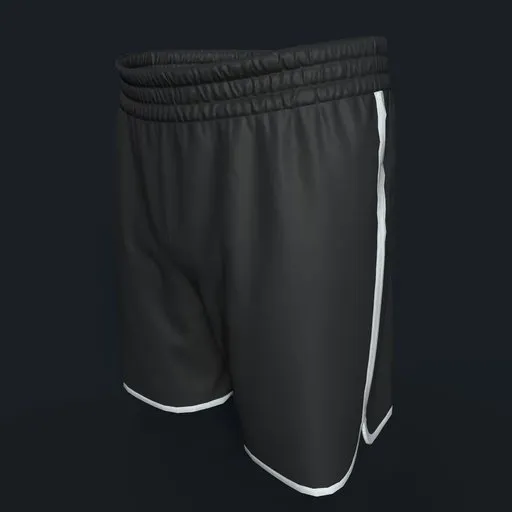 3D model of black sports shorts with white trim, designed for Blender character rigging and animation.