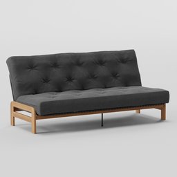 "3D model of a minimalist grey sofa bed with wooden frame for Blender 3D. Rendered in high detail from a 3/4 side view, perfect for Nordic Noir scenes. Versatile addition to any 3D scene."