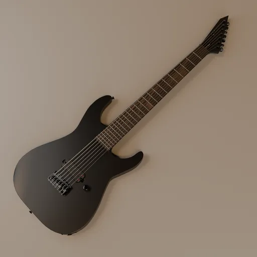 Detailed 3D model of a 7-string baritone guitar with ebony fretboard and Seymour Duncan pickup.