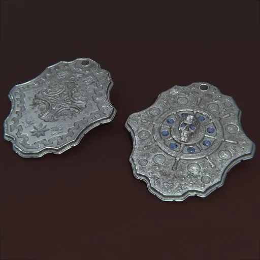 Detailed 3D-rendered silver skull pendant with ornate designs and embedded sapphires using Blender and zBrush.