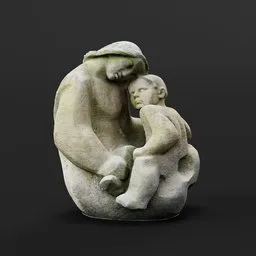 "Monochrome 3D scanned sculpture of a mother and her child, inspired by Marguerite Zorach and Jozef Israëls, enclosed in rock. Available on Blender 3D marketplace and AI-generated art platforms."