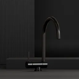 High-quality 3D rendering of a modern black kitchen faucet for Blender software visualization.