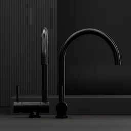 High-quality 3D rendering of a modern black kitchen faucet for Blender software visualization.