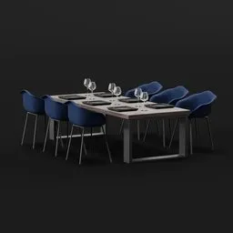 "Get the perfect modern setup with this 3D model of a table and chair set, designed for use in Blender 3D. The sleek and contemporary design features four chairs grouped around a table with a glass of wine, in a monochrome dark blue color scheme. Inspired by the works of Johan Edvard Mandelberg, this tabletop model is ideal for any interior design project."