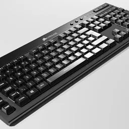 "Black Corsair Gaming Keyboard with Extra Function Keys by LODoss, rendered in Keyshot product shot for professional studio use with parallax effects and Spielbergian lighting, available at a retail price of 450."