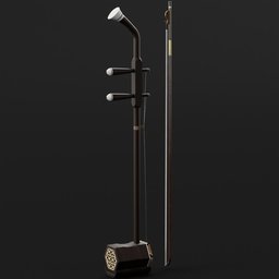 "Chinese ErHu 3D model - A stunning blend of tradition and innovation, this art-inspired render showcases a black and gold pole with a light, resembling a magical fishing rod weapon. Inspired by Koson Ohara and Emperor Huizong of Song, this exquisite product render is a testament to the expertise of Blender 3D software. Perfect for enthusiasts seeking a high-quality violin-like instrument."