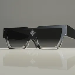 "High-quality, fully-rigged designer sunglasses 3D model, featuring a black frame with a silver rim and iridescent technology, rendered in Vray and Unreal software."