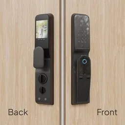 Detailed Blender 3D model showing both sides of a modern smart door lock with a digital keypad and display.
