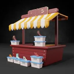 "Low Poly Street Shoes Shop 3D Model for Blender 3D - Featuring Detailed Faces, Silk Shoes and Wooden Crates. Realistic Style Inspired by Fortnite Game and Merchant Stands. Perfect for Public Category Projects."